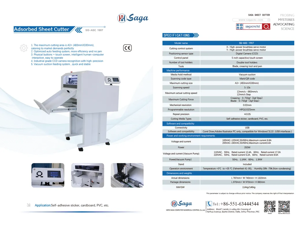 High Precision Die Cutting/Adsorbed Sheet Cutter/Adsorbed Cutter Plotter/Sheet Auto Feeding Cutting and Creasing/Contour Cutting Machine